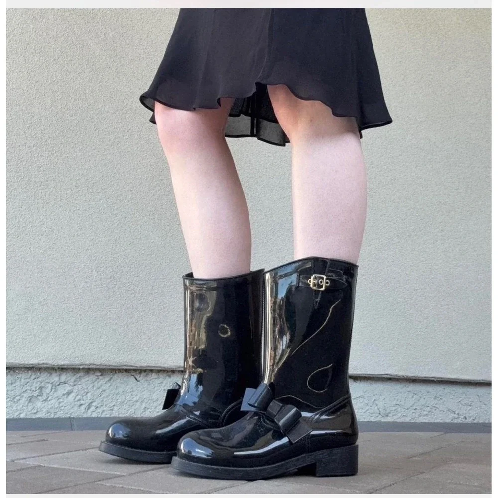 RED Valentino Black Patent Bow Rain Boots Mid Calf Buckle EU 37